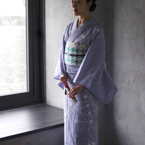 弥生屋 半幅帯 博多織 千鳥 × 横縞 ( 青緑・長尺 ） 和装小物（帯