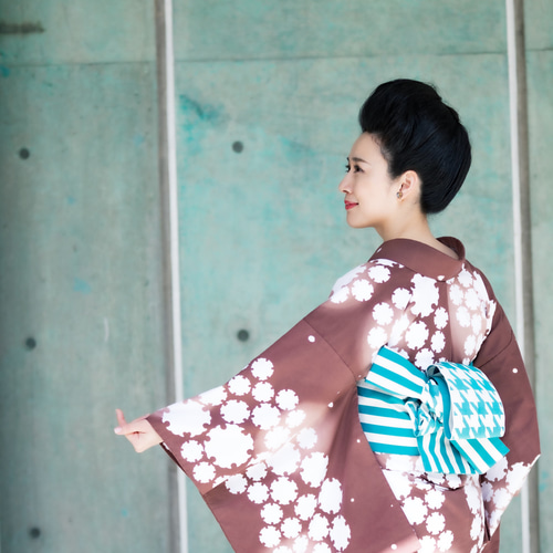 弥生屋 半幅帯 博多織 千鳥 × 横縞 ( 青緑・長尺 ） 和装小物（帯