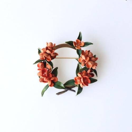 キンモクセイ(金木犀)*革花リースブローチ・コサージュ/オレンジ/プチ