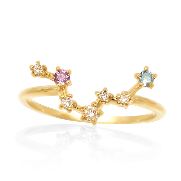 K10 玫瑰金天然石紫水晶與海藍寶石雙魚座星座圖案精緻戒指 第1張的照片