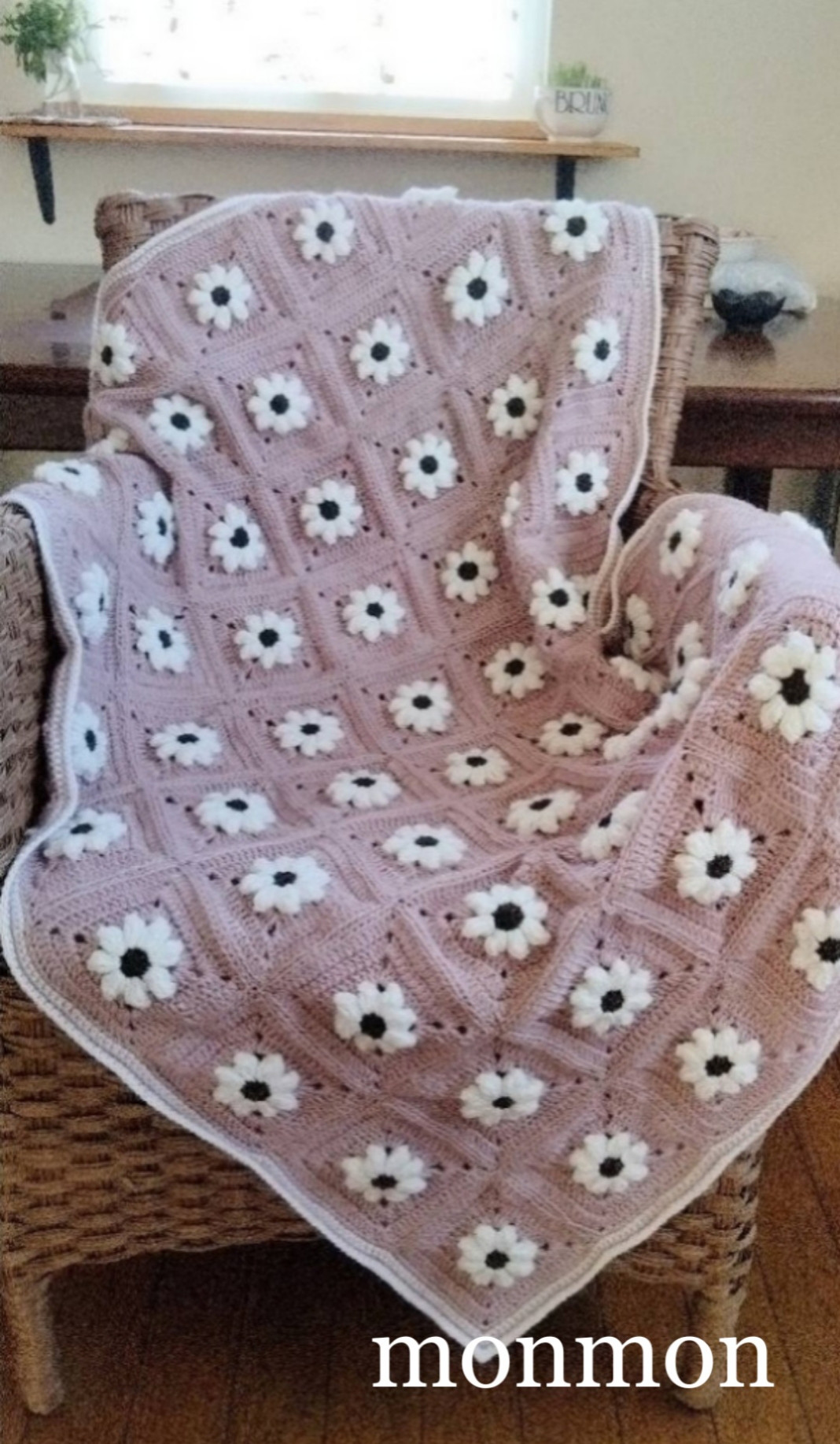 かぎ針編みブランケット／ピンク／大人可愛い／手編み／アネモネ