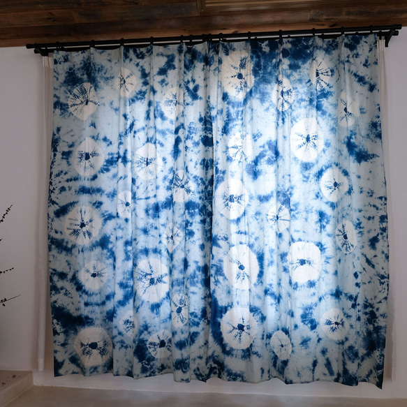 雨荷 手工紮染藍染純棉窗簾門簾 原創設計天然草木染訂製成品窗簾 第3張的照片