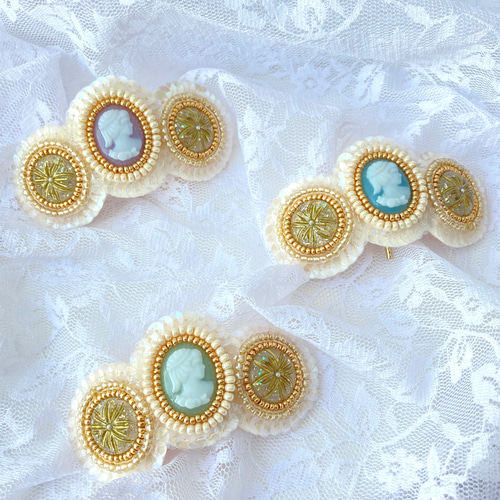 カメオ風 ビーズ刺繍 ポニーフック アンティーク調 フラワー ビーズ  