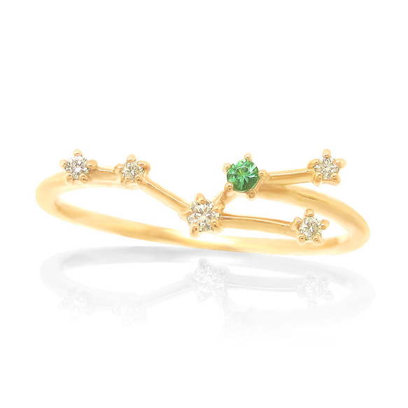 K10 玫瑰金天然石鑽石與祖母綠金牛座星座圖案精緻戒指 第1張的照片