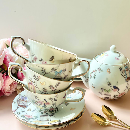 95×182 ヴィンテージマスタード　シノワズリ柄 水色の手描きフラワーチェスト | シノワズリ シノワズリー chinoiserie