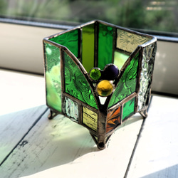 ステンドグラス・秋のグリーンキューブキャンドルホルダー(受注