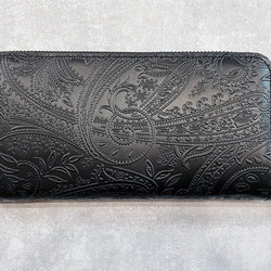 敬老の日SALE⬇︎おしゃれなペイズリー総デザインの本牛革ラウンド長財布　モノトーンブラック(UL220527) 7枚目の画像