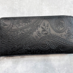敬老の日SALE⬇︎おしゃれなペイズリー総デザインの本牛革ラウンド長財布　モノトーンブラック(UL220527) 6枚目の画像