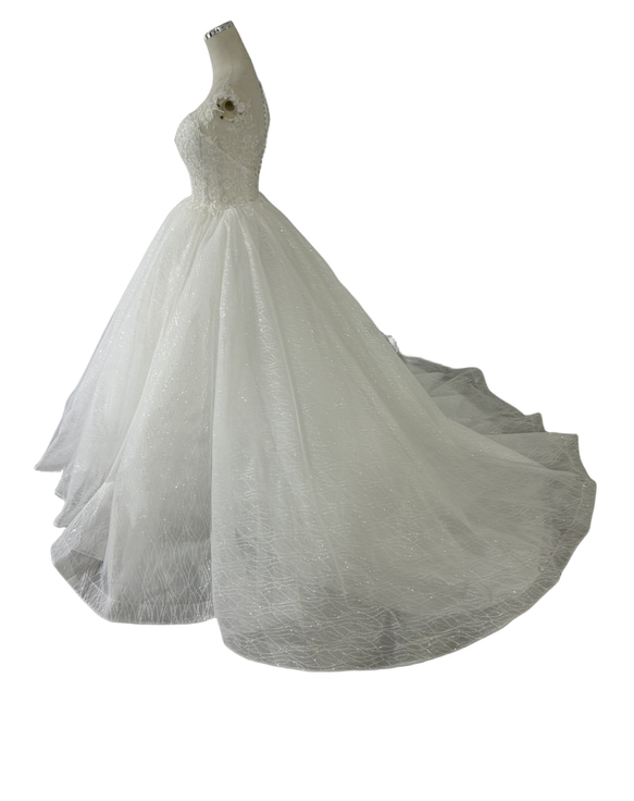 ウェディングドレス パール キラキラグリッターチュール   ハンドメイド  流れる透け花レース  ブライダル 4枚目の画像