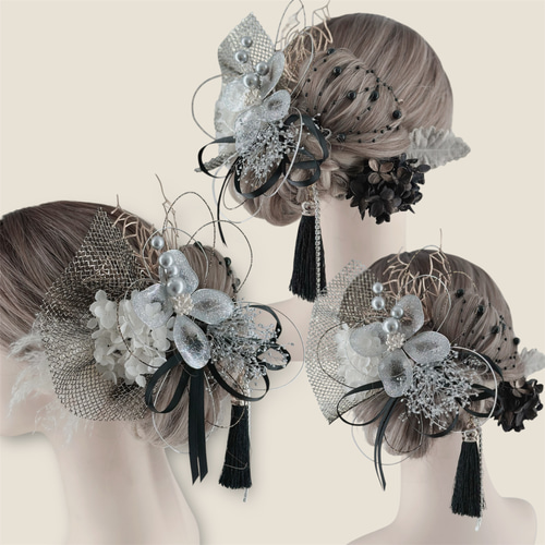 ディップアート 髪飾り 成人式 卒業式 結婚式 白 黒 ゴールド シルバー