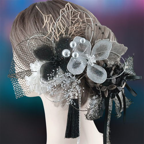 ディップアート 髪飾り 成人式 卒業式 結婚式 白 黒 ゴールド シルバー