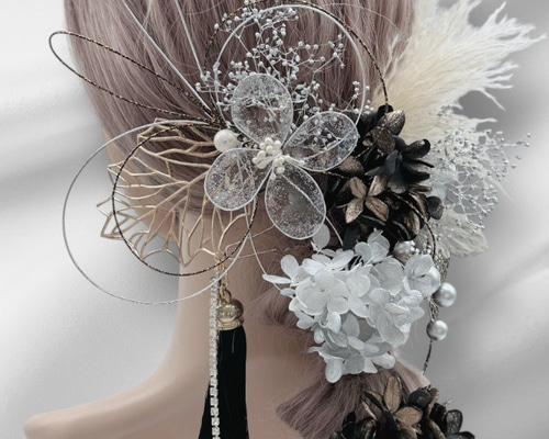 ディップアート 髪飾り 成人式 卒業式 結婚式 白 黒 ゴールド シルバー
