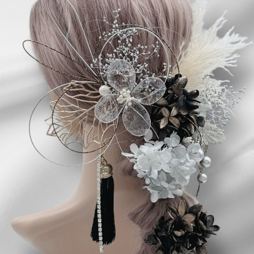 ディップアート 髪飾り 成人式 卒業式 結婚式 白 黒 ゴールド シルバー