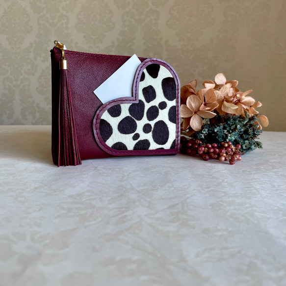 ミニ財布 コンパクト L字ファスナー ハート ポケット 毛付き革  