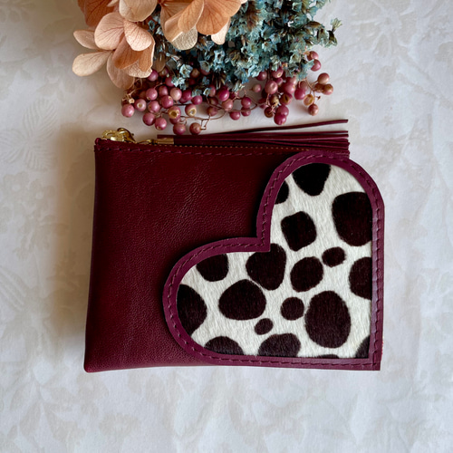 ミニ財布 コンパクト L字ファスナー ハート ポケット 毛付き革  