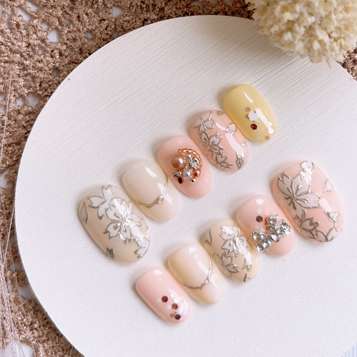 パステルカラーさくら和柄ネイル/成人式/前撮り振袖/和装/ウエディング  