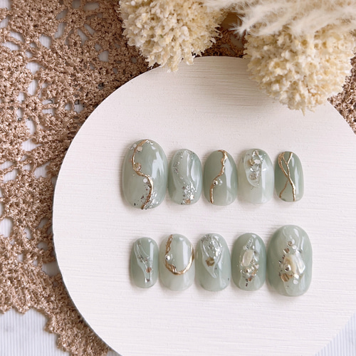 くすみグリーンニュアンスネイル/成人式/振袖/和装/入学式、卒業式