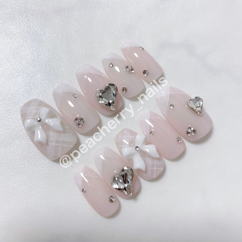 ネイルチップ リボン ガーリー フレンチ 韓国 ワンホン ハート ピンク  