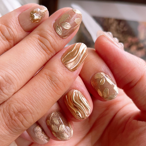 フラワーゴールドネイル/ウエディング/和装/成人式/振袖/入学/卒業