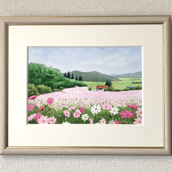 通販サイト一覧 秋桜のフィールド02」透明水彩画 原画 風景画 額縁付 SMサイズ 絵画