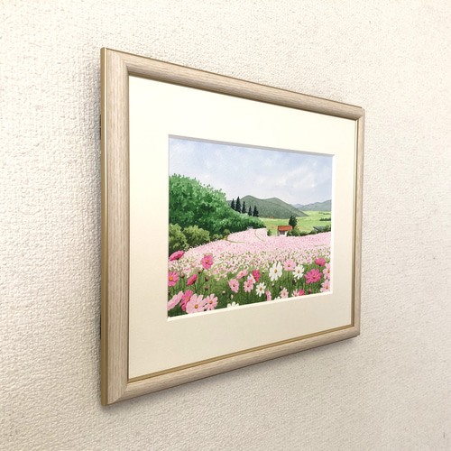 秋桜のフィールド02」透明水彩画 原画 風景画 額縁付 SMサイズ