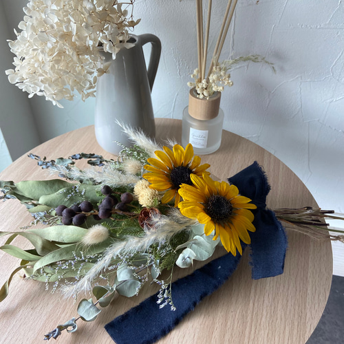 ひまわり秋スワッグ/パンパスグラス ドライフラワー ブーケ36cm 誕生日