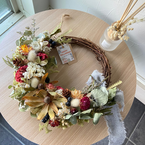 秋リース☆リューカデンドロン ケイトウ アンティークドライフラワー  