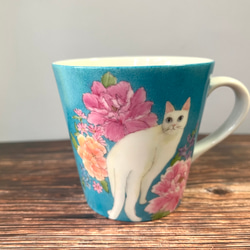 チャイナレトロ　猫と牡丹のマグカップ　手描き　 4枚目の画像
