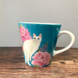 チャイナレトロ　猫と牡丹のマグカップ　手描き　 3枚目の画像