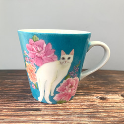 チャイナレトロ　猫と牡丹のマグカップ　手描き　 1枚目の画像