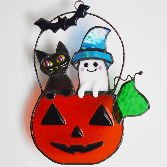 ステンドグラス ハロウィン カボチャに乗って～♪ オバケと黒猫