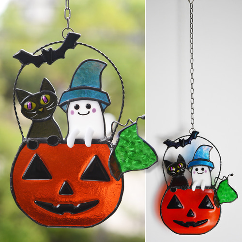 ハロウィンに　ステンドグラス　モビール(コウモリ、おばけ、黒猫) ハロウィンに ステンドグラス モビール(黒猫、魔女、おばけ