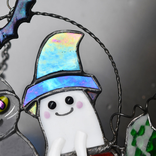 ハロウィンに　ステンドグラス　モビール(コウモリ、おばけ、黒猫) ハロウィンに ステンドグラス モビール(黒猫、魔女、おばけ