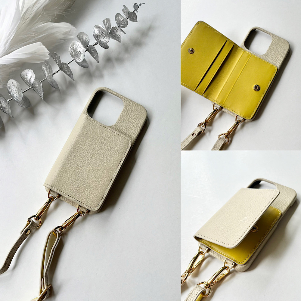 #3 名入れ可｜バイカラー本革iPhoneショルダーケース（背面収納　スマホショルダー）Ivory+yellow