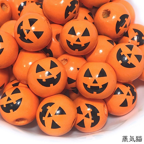 増量】ハロウィンかぼちゃ木製ビーズ16mm 20個【ウッド ピアス