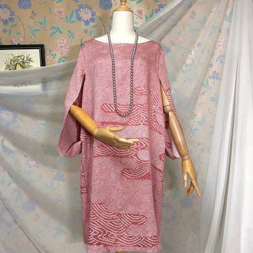 ☆着物リメイク☆大島紬フリル袖のゆったりワンピスモーキーピンク