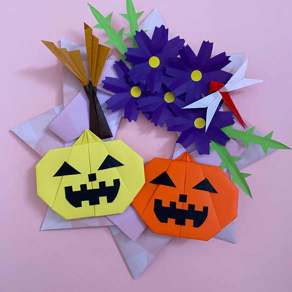 折り紙リース 秋 ハロウィン かぼちゃ ススキ トンボ 秋桜 壁面飾り