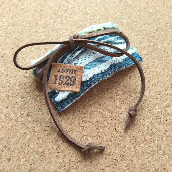 ハンドメイド　デニム　リメイク　ポニーフック　リボン　レザー デニムリメイク ポニーフック 革紐リボン ポニーフック