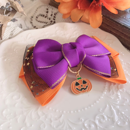 ハロウィン リボン かぼちゃ 紫×オレンジ×黒 リボン ヘア ハロウィン リボン かぼちゃ 紫×オレンジ×黒 リボン ヘア