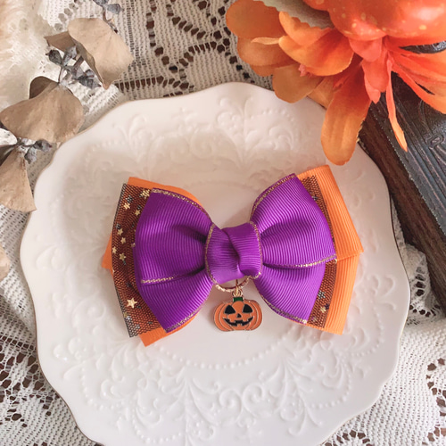 ハロウィンアリス柄JSK(シミ有)　リボンコームセット ハロウィン リボン かぼちゃ 紫×オレンジ×黒 リボン ヘア