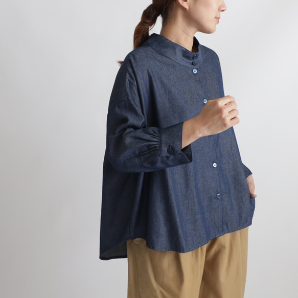 ＊ラスト１　春ウララＳＡＬＥ　立襟スタンドカラー　幅広シャツ　ジャケット　ゆったり　前開き　甘織デニム コットン　R83 1枚目の画像