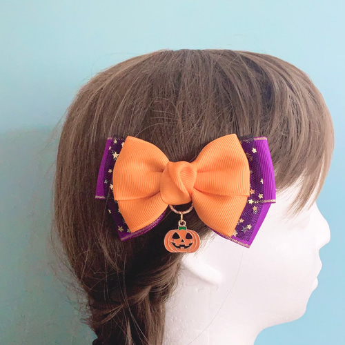 ハロウィン リボン かぼちゃ オレンジ×紫×黒 リボン ヘア