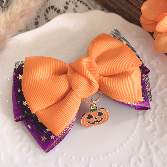 春夏新作 リボン ハロウィン かぼちゃ ヘア リボン オレンジ×紫×黒 ファッション雑貨