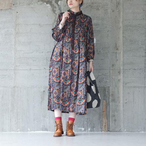 2025再販】ボヘミアン長袖ワンピース（23w-01）ネイビーブラック