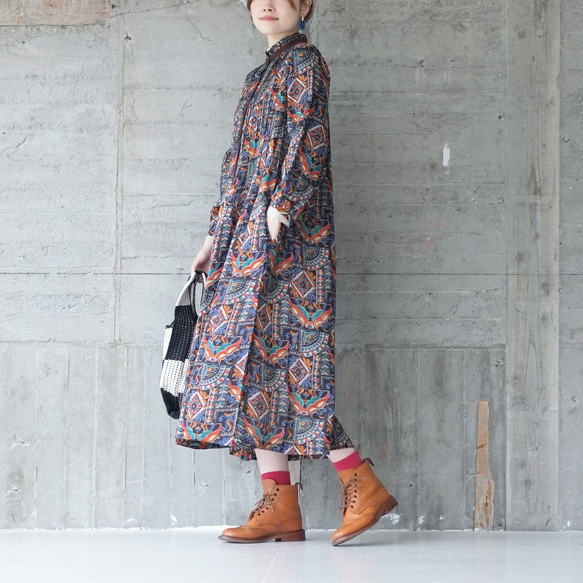 2025再販】ボヘミアン長袖ワンピース（23w-01）ネイビーブラック