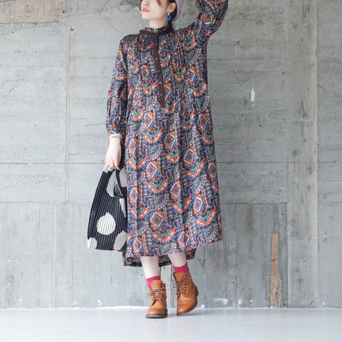 2025再販】ボヘミアン長袖ワンピース（23w-01）ネイビーブラック