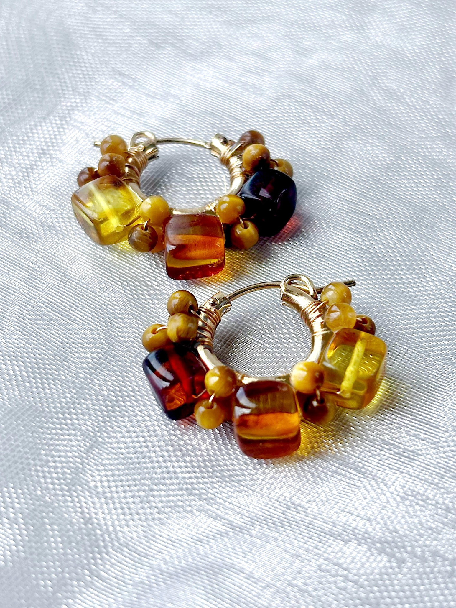 【14kgf】天然琥珀バルティックアンバー×AAAイエロータイガーアイがノスタルジックな秋色フープ❇︎ベイクドカラー