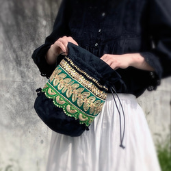 m*様 moro 巾着バッグ　グリーン　Mサイズ　インド刺繍 M】インド刺繍リボン 巾着ショルダー | Pay ID