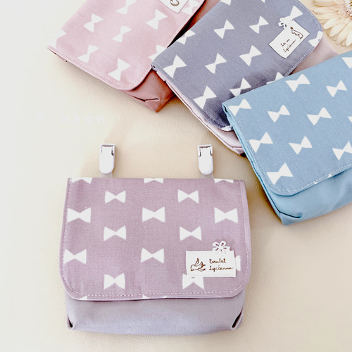 タグ付き くすみラベンダー ブラック☆ クリップ付 ☆移動ポケット☆ハンドメイド タグ付き くすみラベンダー ブラック☆ クリップ付 ☆移動