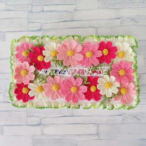 ハンドメイド手編み　ティッシュボックスカバーボックスケース　コスモス ハンドメイド手編み ティッシュボックスカバーボックスケース